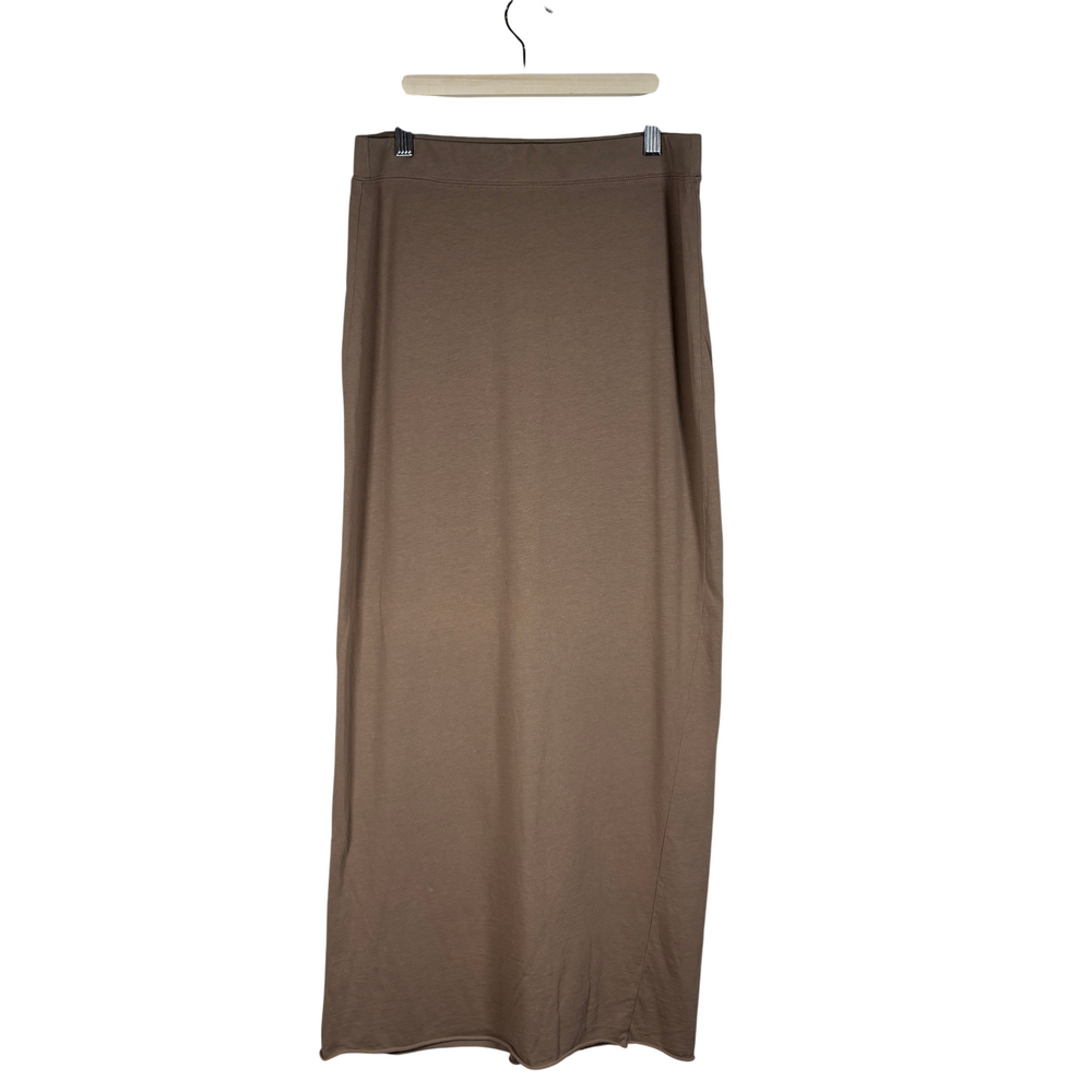 Free People taupe knit maxi skirt with wide waistband, pull-on stretch fit, cent